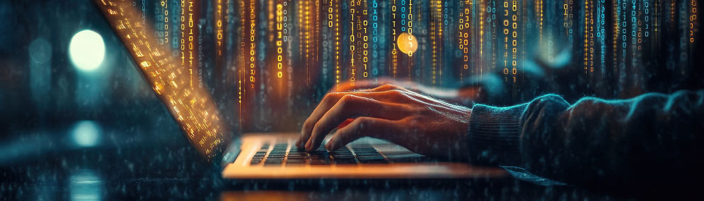 Stylized image of hands on keyboard with matrix like computer code