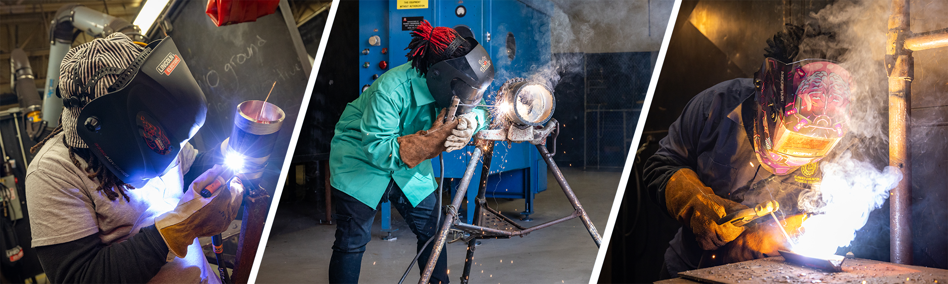 A series of three images showing welders performing different types of welding tasks